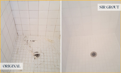 Picture of a Mosaic Tile Shower Before and After Grout and Caulking Holes Repair