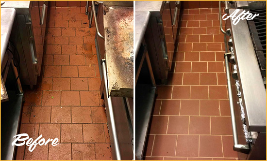 Before and After Picture of a The Colony Restaurant Kitchen Tile and Grout Cleaned to Eliminate Dirt and Grease Build-Up