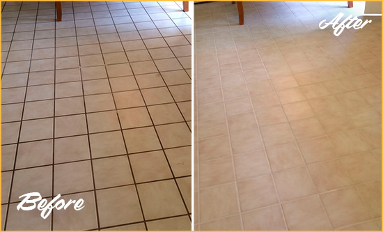 Before and After Picture of a Keller Kitchen Tile and Grout Cleaned to Remove Embedded Dirt