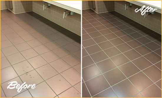 Before and After Picture of a Crowley Restrooms Tile and Grout Cleaned to Remove Embedded Dirt