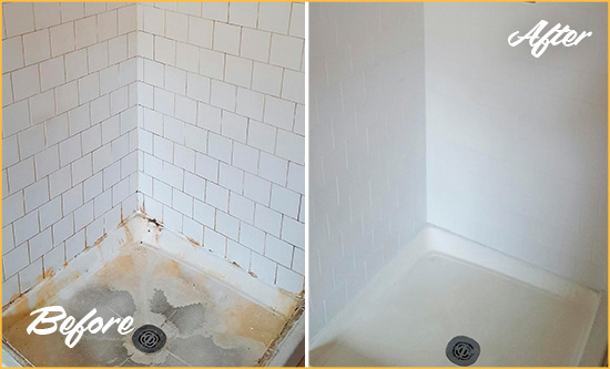 Before and After Picture of a Rhome Shower Tile and Grout Cleaned to Remove Soap Scum