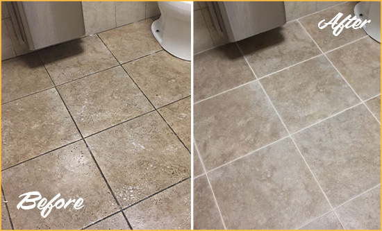 Before and After Picture of a Rhome Restroom Tile and Grout Cleaned to Remove Soil