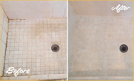 Before and After Picture of a Melissa Shower Caulked to Fix Cracks