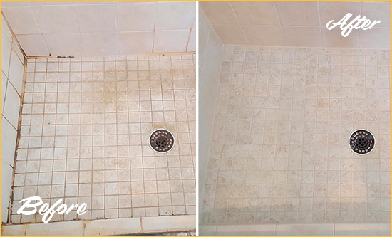 Before and After Picture of a The Colony Shower Caulked to Fix Cracks