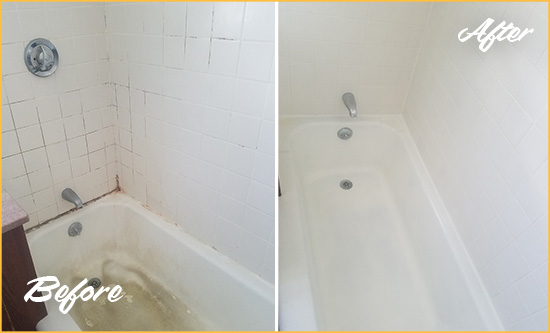 Before and After Picture of a Pelican Bay Bathtub Caulked to Repair Cracks