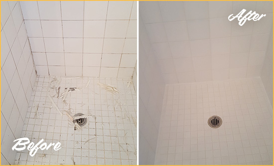 Before and After Picture of a Plano Bathroom Re-Caulked To Repair Damaged Caulking