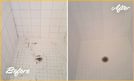 Before and After Picture of a Fate Bathroom Re-Caulked To Repair Damaged Caulking