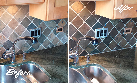 Before and After Picture of a Rockwall Backsplash Caulked to Fix and Prevent Water Leaks