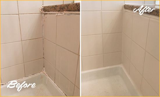 Before and After Picture of a Hurst Shower Caulked to Repair Damaged Caulking