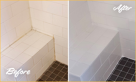 Before and After Picture of a Pelican Bay Shower Seat Caulked to Protect Against Mold and Mildew Growth