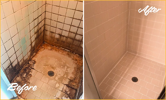 Before and After Picture of a University Park Shower Caulked to Fix and Prevent Water Damage