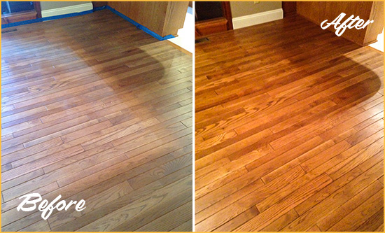 Before and After Picture of a Wylie Wood Sandless Refinishing Service on a Dull Floor to Recover Its Sheen