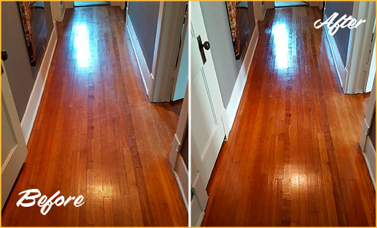 Before and After Picture of a Grapevine Wood Sandless Refinishing Service on a Floor to Eliminate Scratches