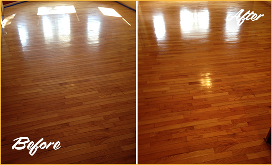 Before and After Picture of a Flower Mound Wood Sandless Refinishing Service on a Room Floor to Remove Scratches