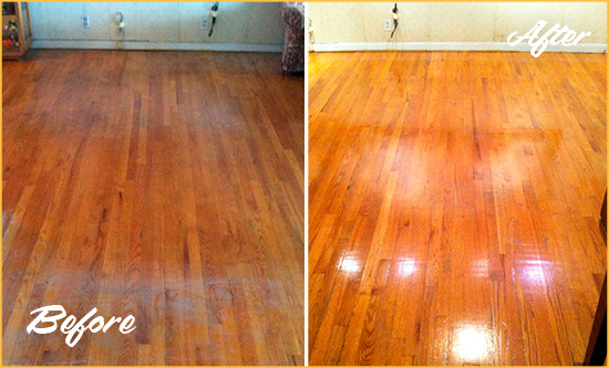 Before and After Picture of a Rowlett Wood Sandless Refinishing Service on a Stained Floor