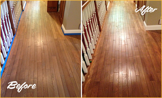 Before and After Picture of a Flower Mound Wood Sandless Refinishing Service on a Worn Out Floor