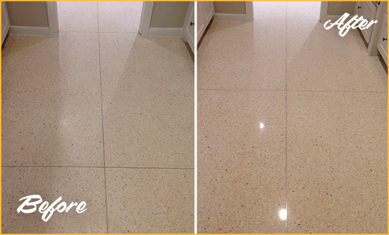 Before and After Picture of a Krum Granite Stone Floor Polished to Repair Dullness