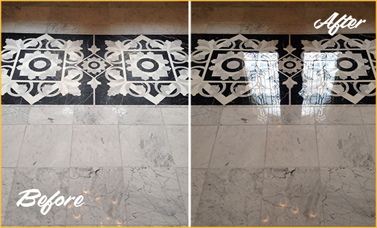 Before and After Picture of a Coppell Marble Stone Floor Polished to a Mirror Shine