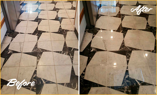 Before and After Picture of a Dull Plano Marble Stone Floor Polished To Recover Its Luster