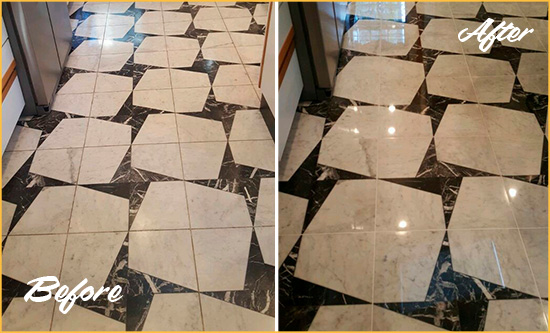 Before and After Picture of a Dull Little Elm Marble Stone Floor Polished To Recover Its Luster