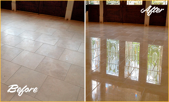 Before and After Picture of a Dull Mesquite Travertine Stone Floor Polished to Recover Its Gloss