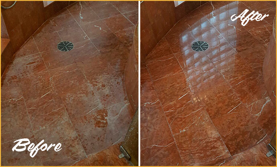 Before and After Picture of a Sachse Marble Stone Shower Polished to Eliminate Mineral Deposits