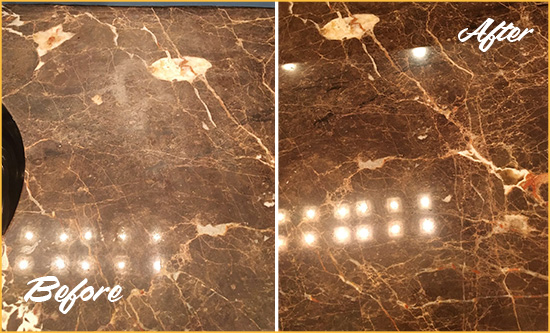 Before and After Picture of a McKinney Marble Stone Countertop Polished to Eliminate Stains