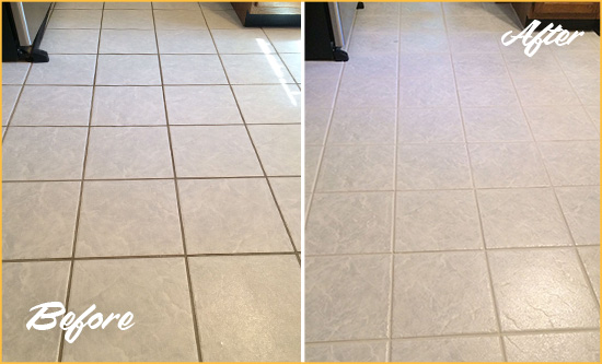 Before and After Picture of a Mesquite Kitchen Ceramic Floor Sealed to Protect From Dirt and Spills