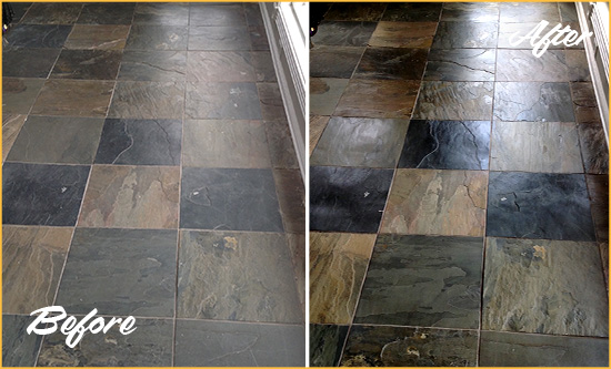 Before and After Picture of a Dull Farmers Branch Slate Floor Sealed to Bring Back Its Colors