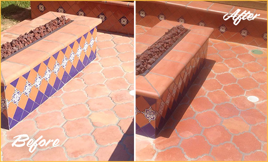 Before and After Picture of a Dull Cedar Hill Terracotta Patio Floor Sealed For UV Protection
