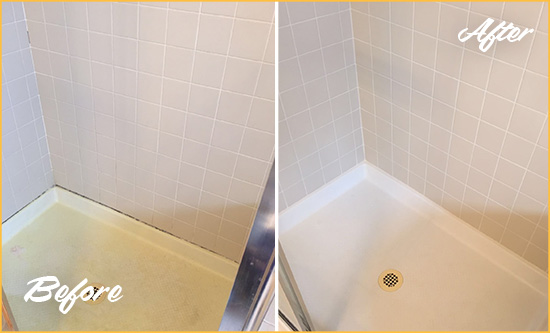 Before and After Picture of a Farmers Branch Shower Sealed to Remove and Protect Against Mold