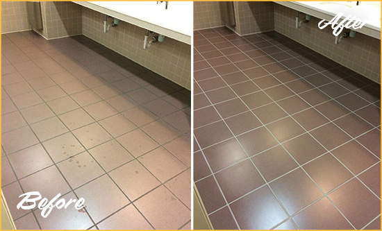 Before and After Picture of a Farmers Branch Restroom Sealed to Help Protect Against Scratches