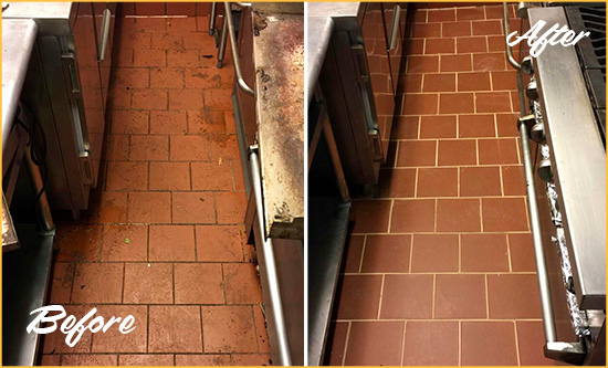 Before and After Picture of a River Oaks Restaurant Kitchen Floor Sealed to Remove Soil