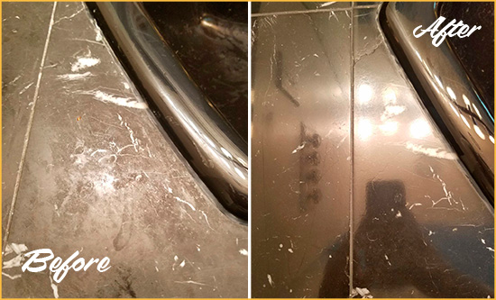 Before and After Picture of a Hutchins Marble Countertop Cleaned to Remove Deep Dirt