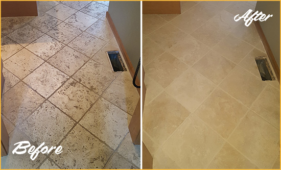 Before and After Picture of a Reno Kitchen Marble Floor Cleaned to Remove Embedded Dirt