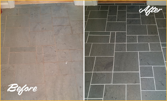 Before and After Picture of a Nevada Slate Floor Cleaned to Remove Deep-Seated Dirt