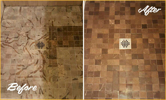 Before and After Picture of a Stained Murphy Marble Shower Floor Cleaned to Remove Etching