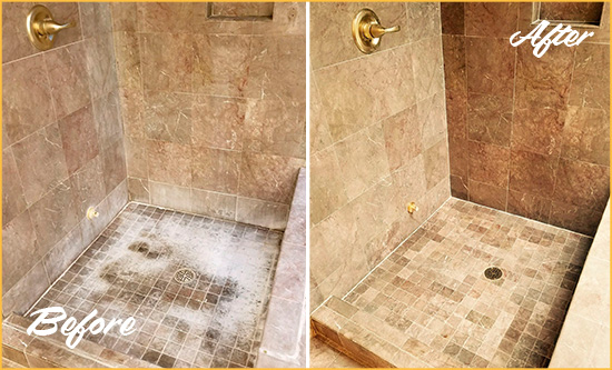 Before and After Picture of a Allen Travertine Shower Cleaned to Eliminate Water Spots