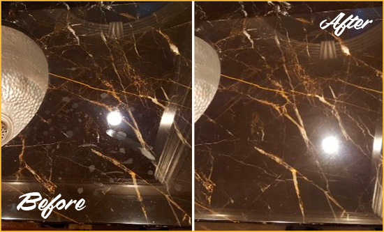 Before and After Picture of a Forest Hill Marble Countertop Cleaned to Remove Water Spots