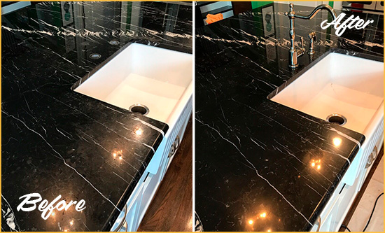 Before and After Picture of a Fate Marble Kitchen Countertop Stone Sealed to Avoid Water Damage