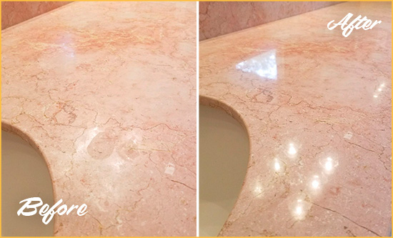 Before and After Picture of a Lucas Marble Stone Vanity Top Sealed to Avoid Water Marks