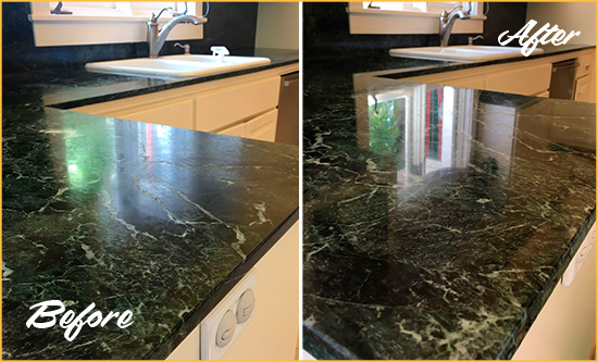 Before and After Picture of a Murphy Marble Kitchen Countertop Honed to Remove Water Marks