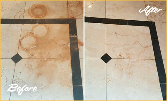 Before and After Picture of a Murphy Marble Floor Honed to Remove Rust Stains