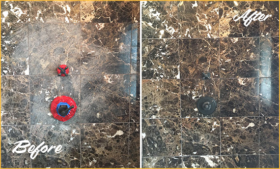 Before and After Picture of a Rockwall Marble Shower Honed to Remove Scratches