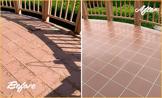 Before and After Picture of a Mesquite Hard Surface Restoration Service on a Tiled Deck