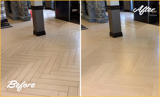 Before and After Picture of a Reno Hard Surface Restoration Service on an Office Lobby Tile Floor to Remove Embedded Dirt