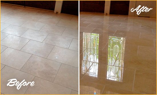 Before and After Picture of a Benbrook Hard Surface Restoration Service on a Dull Travertine Floor Polished to Recover Its Splendor