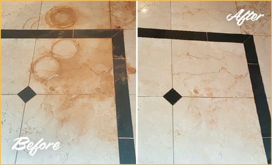 Before and After Picture of a Glenn Heights Hard Surface Restoration Service on a Marble Floor to Eliminate Rust Stains