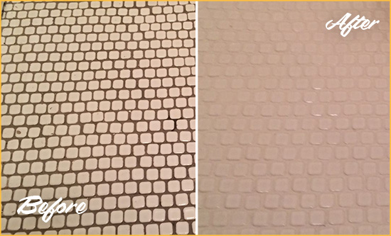 Before and After Picture of a Little Elm Hard Surface Restoration Service on a Bathroom Tile Floor Recolored to Fix Grout Color