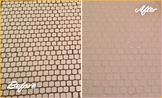 Before and After Picture of a Princeton Hard Surface Restoration Service on a Bathroom Tile Floor Recolored to Fix Grout Color